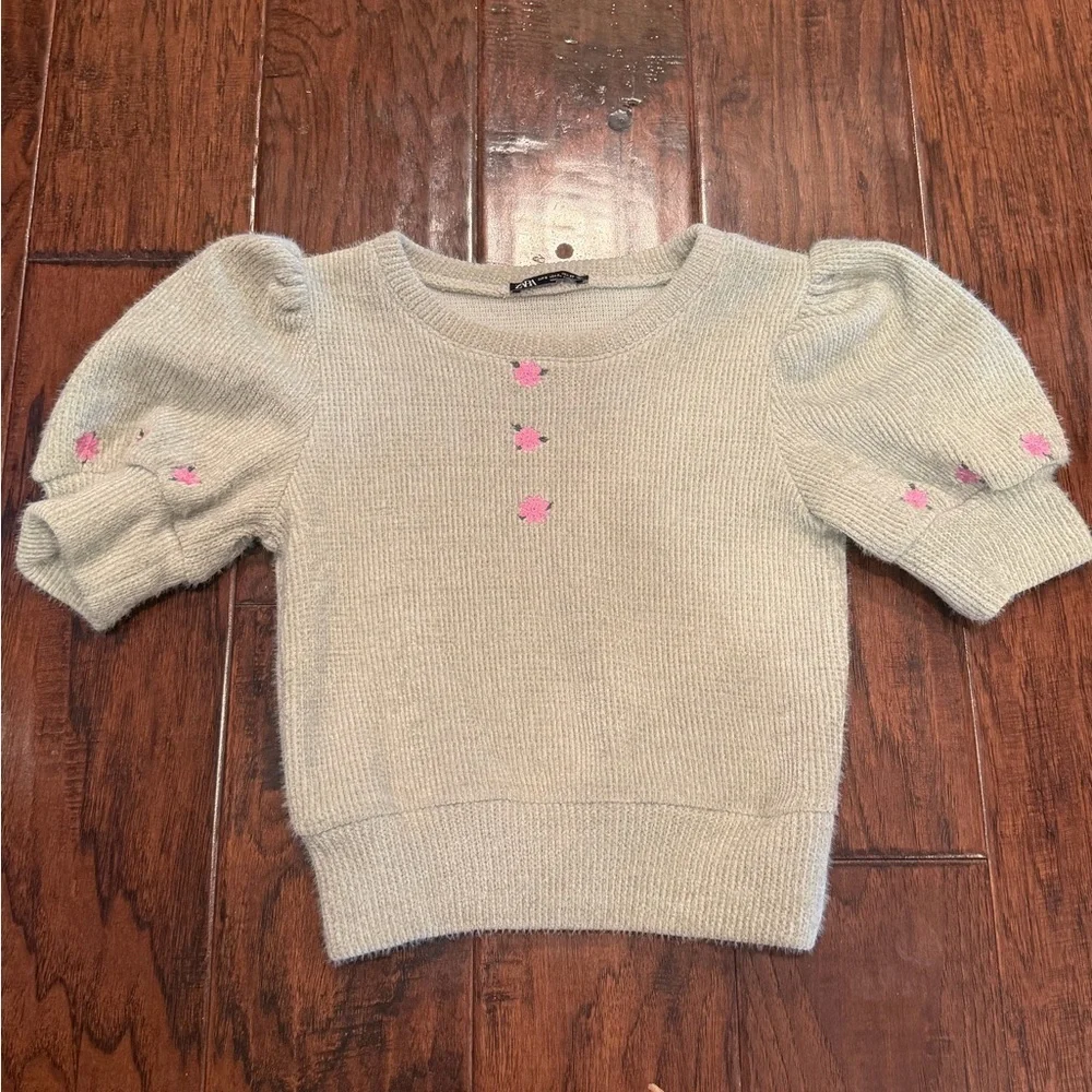 Zara Cream Knit Puff-Sleeve Sweater with Pink Embroidered Accents​​​ - Picture 2 of 4